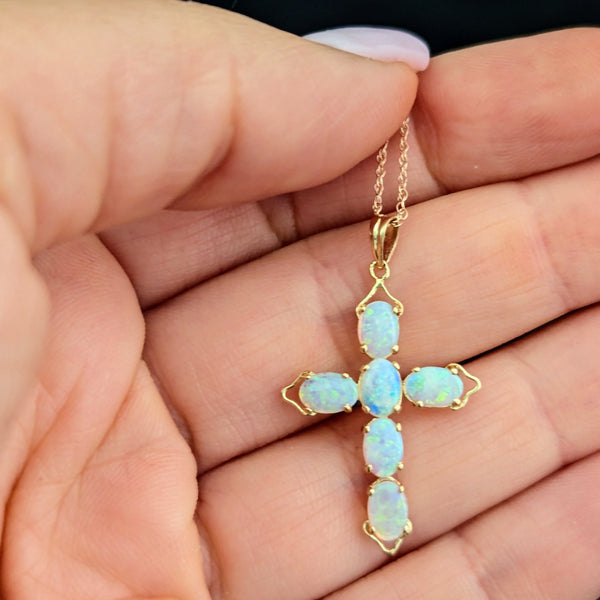 Vintage Jelly Opals 14k Yellow Gold Cross Pendant On Chain Estate Christianity 