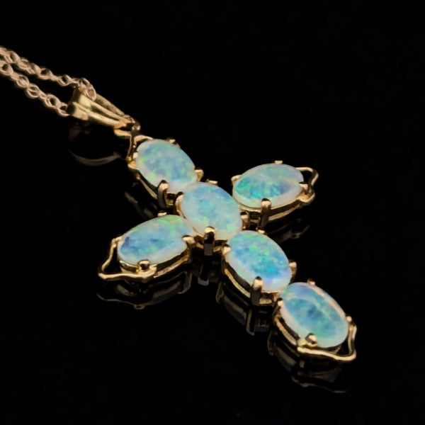 Vintage Jelly Opals 14k Yellow Gold Cross Pendant On Chain Estate Christianity 