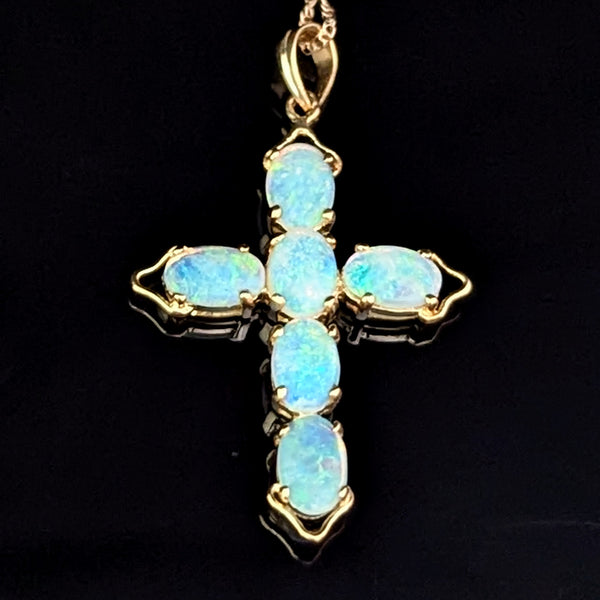 Vintage Jelly Opals 14k Yellow Gold Cross Pendant On Chain Estate Christianity 