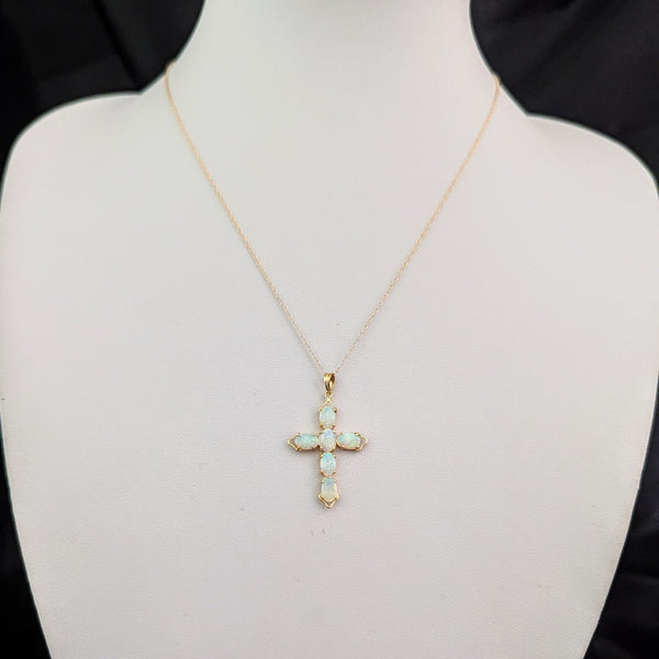 Vintage Jelly Opals 14k Yellow Gold Cross Pendant On Chain Estate Christianity 