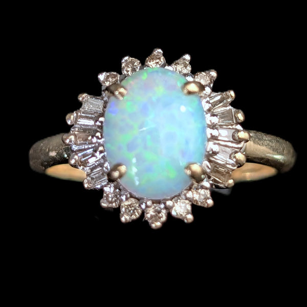 Vintage Lab Created Opal Diamonds 14k Yellow Gold Statement Ring Estate Gift