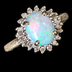 Vintage Lab Created Opal Diamonds 14k Yellow Gold Statement Ring Estate Gift