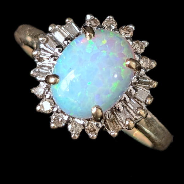 Vintage Lab Created Opal Diamonds 14k Yellow Gold Statement Ring Estate Gift