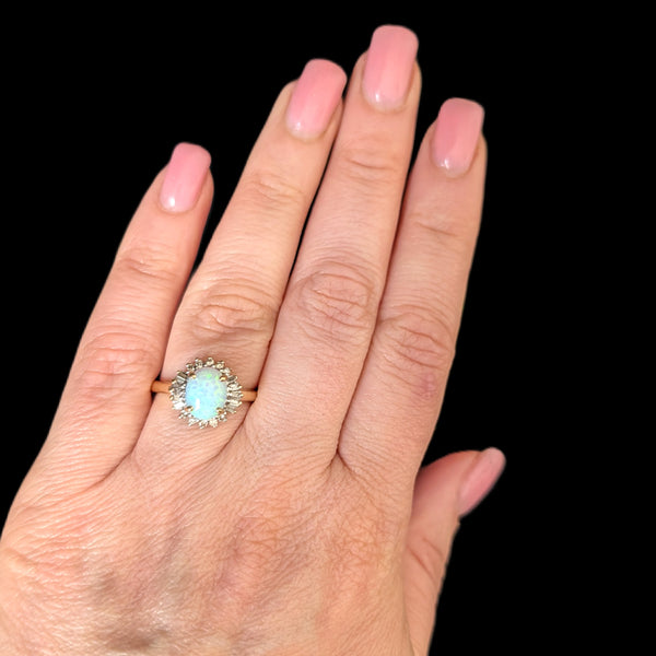 Vintage Lab Created Opal Diamonds 14k Yellow Gold Statement Ring Estate Gift