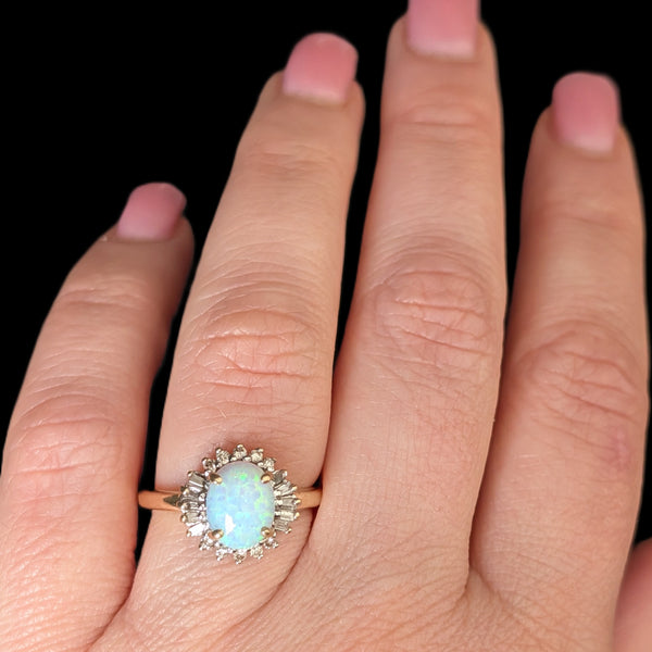 Vintage Lab Created Opal Diamonds 14k Yellow Gold Statement Ring Estate Gift