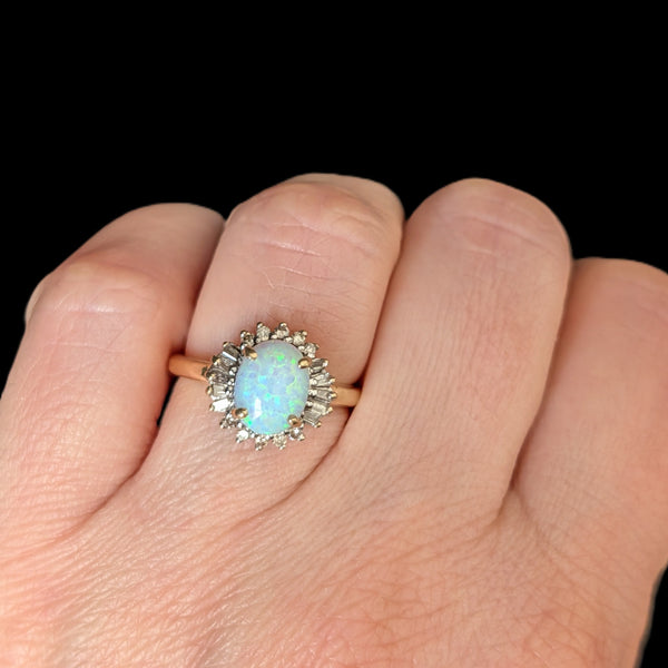 Vintage Lab Created Opal Diamonds 14k Yellow Gold Statement Ring Estate Gift