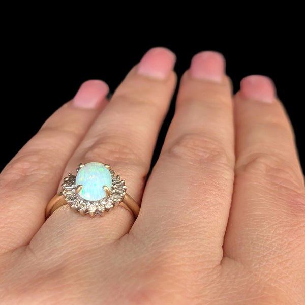 Vintage Lab Created Opal Diamonds 14k Yellow Gold Statement Ring Estate Gift