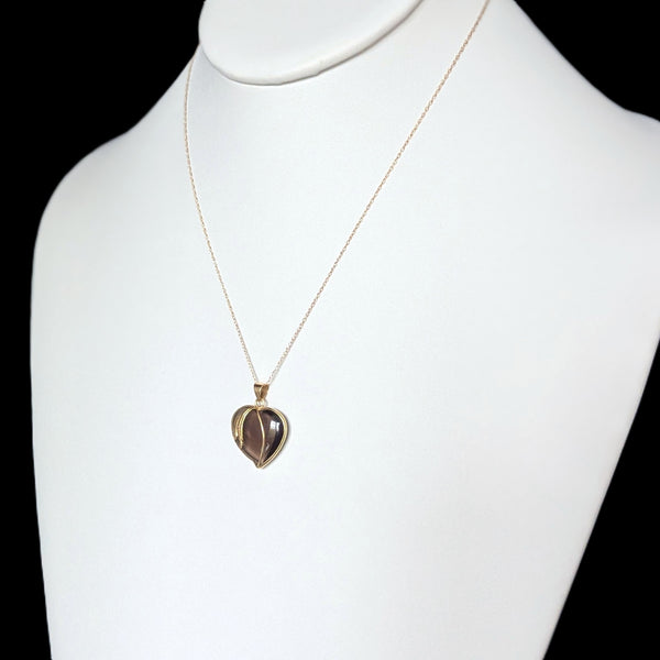 Vintage Large Cabochon Heart Smoky Quartz 14k Yellow Gold Pendant 10k Chain Necklace