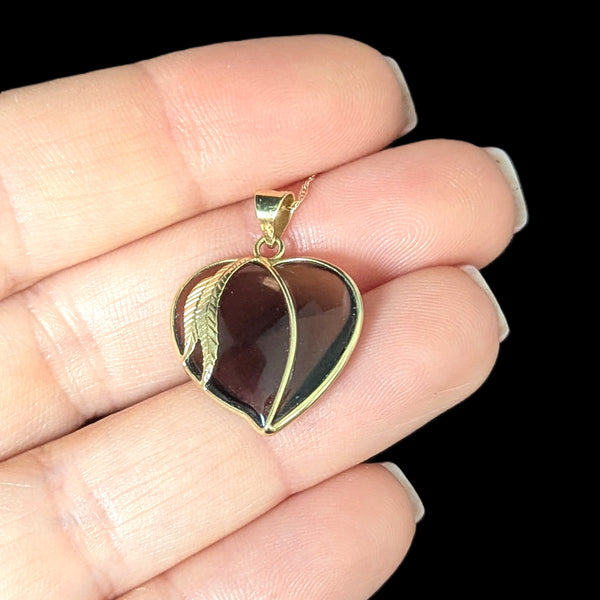Vintage Large Cabochon Heart Smoky Quartz 14k Yellow Gold Pendant 10k Chain Necklace