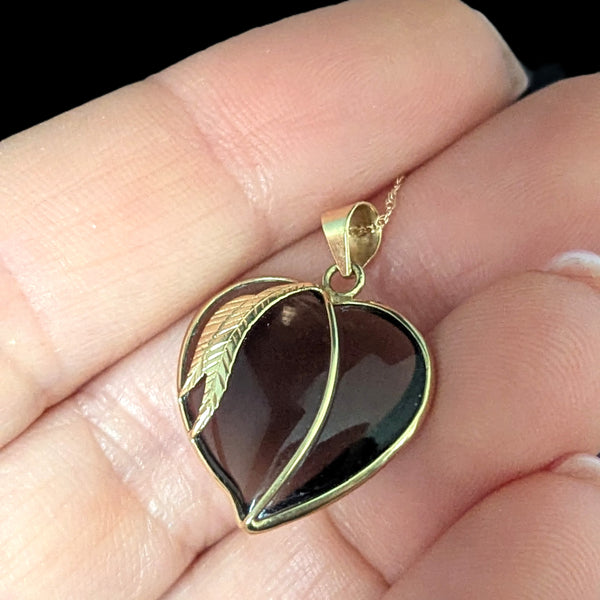 Vintage Large Cabochon Heart Smoky Quartz 14k Yellow Gold Pendant 10k Chain Necklace