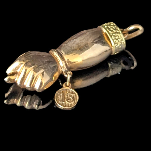 Vintage Mano Fico Pendant Figa Hand Wearing Lucky 13 Charm 16k Bi-Color Gold
