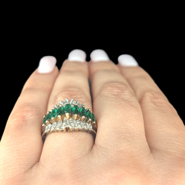 Vintage Marquise Emeralds Baguette Cut Diamonds Cluster Statement Ring Estate