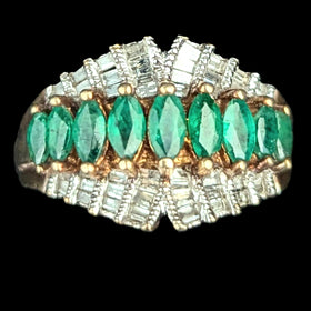 Vintage Marquise Emeralds Baguette Cut Diamonds Cluster Statement Ring Estate