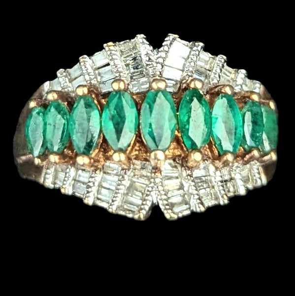 Vintage Marquise Emeralds Baguette Cut Diamonds Cluster Statement Ring Estate
