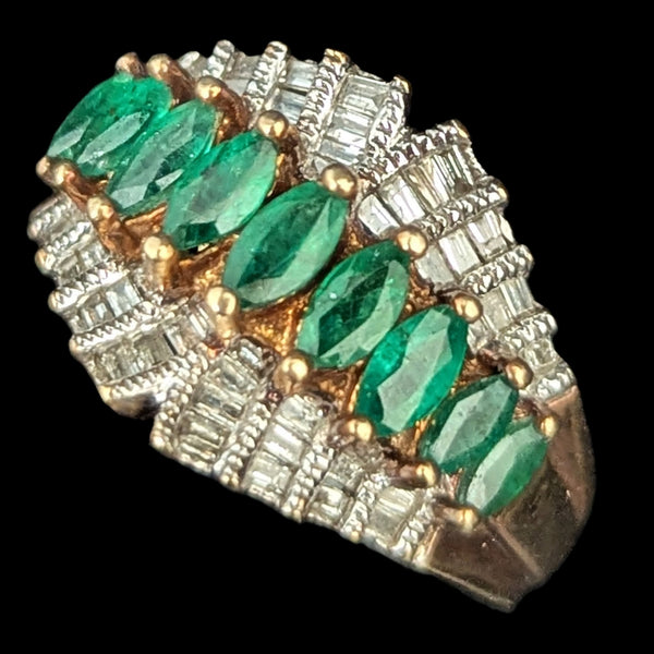 Vintage Marquise Emeralds Baguette Cut Diamonds Cluster Statement Ring Estate