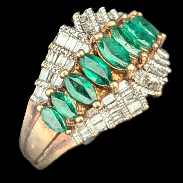 Vintage Marquise Emeralds Baguette Cut Diamonds Cluster Statement Ring Estate