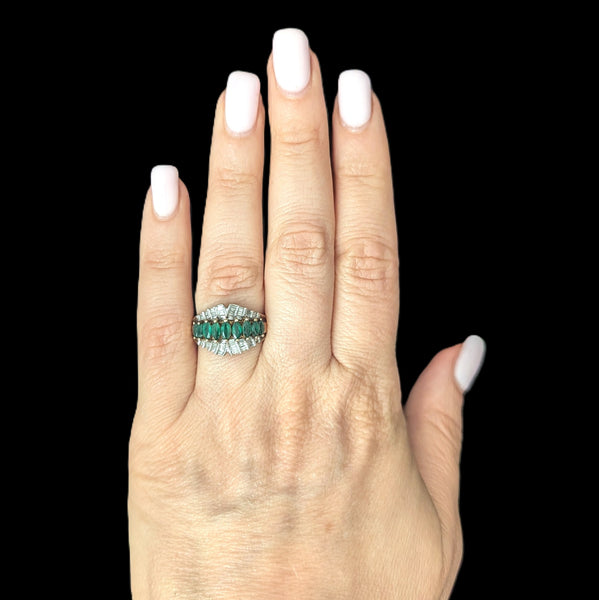Vintage Marquise Emeralds Baguette Cut Diamonds Cluster Statement Ring Estate