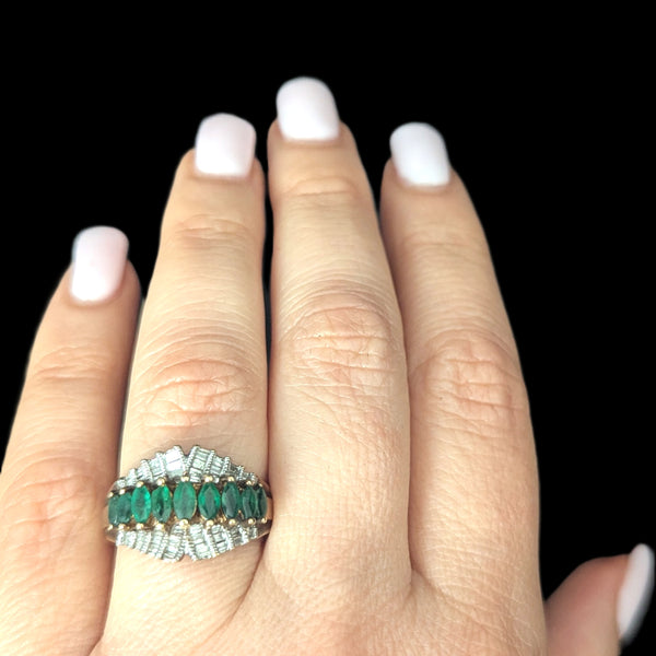 Vintage Marquise Emeralds Baguette Cut Diamonds Cluster Statement Ring Estate