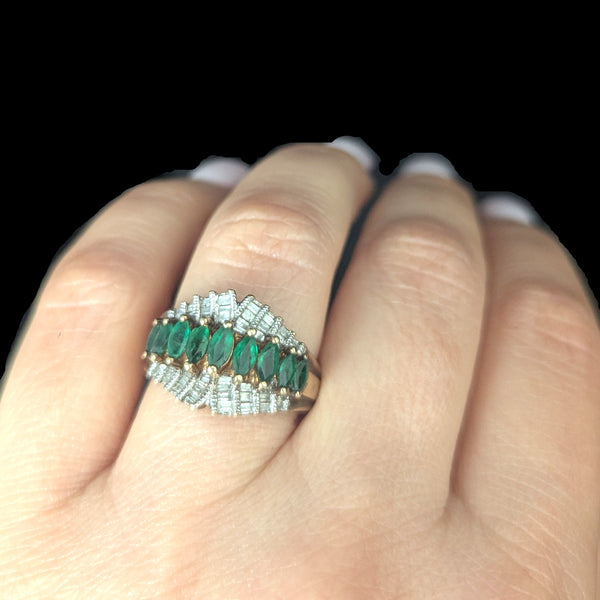 Vintage Marquise Emeralds Baguette Cut Diamonds Cluster Statement Ring Estate