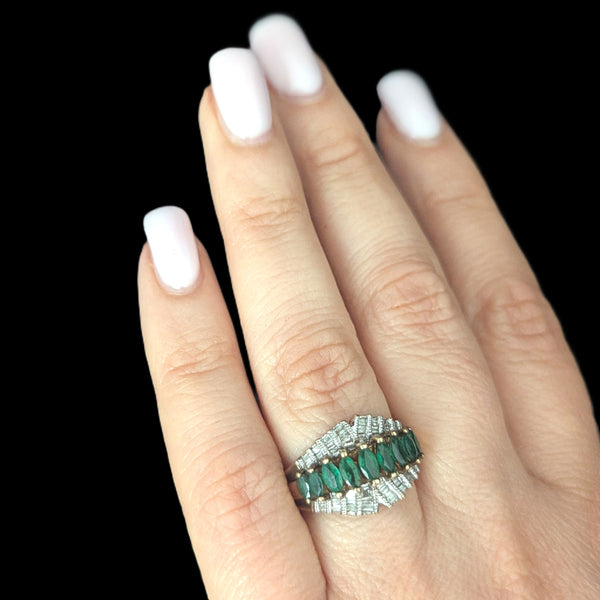 Vintage Marquise Emeralds Baguette Cut Diamonds Cluster Statement Ring Estate