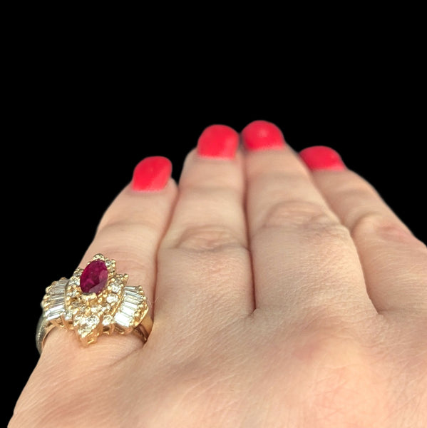 Vintage Marquise Cut Ruby Diamonds 14k Yellow Gold Ring Baguette Round Estate