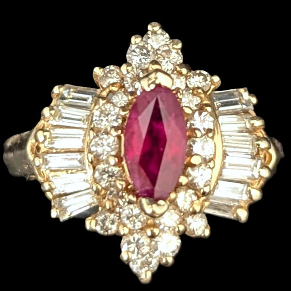 Vintage Marquise Cut Ruby Diamonds 14k Yellow Gold Ring Baguette Round Estate