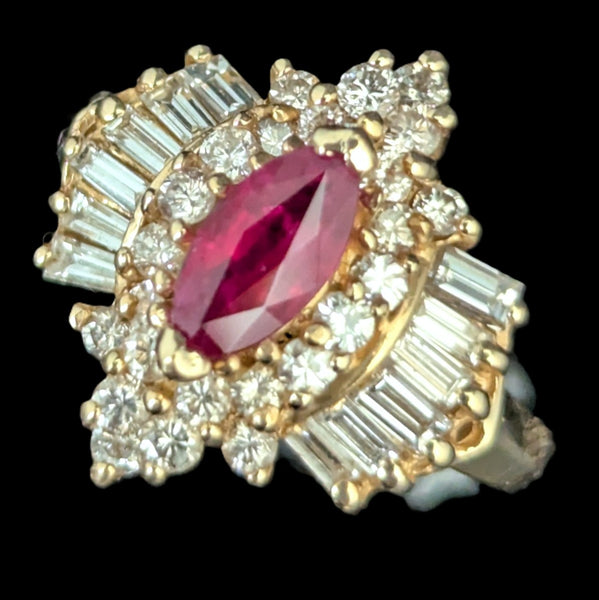 Vintage Marquise Cut Ruby Diamonds 14k Yellow Gold Ring Baguette Round Estate