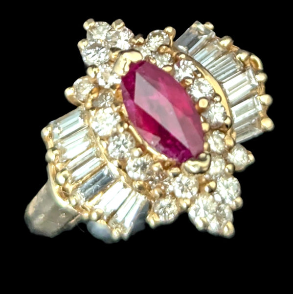Vintage Marquise Cut Ruby Diamonds 14k Yellow Gold Ring Baguette Round Estate