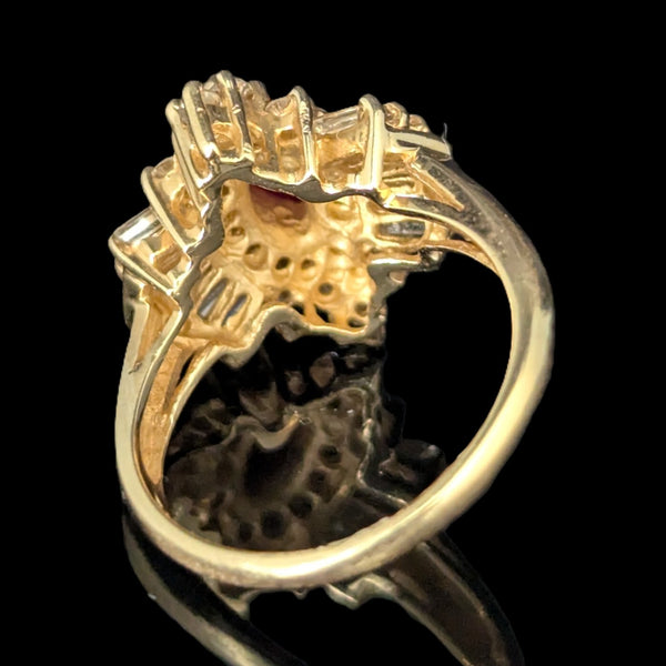 Vintage Marquise Cut Ruby Diamonds 14k Yellow Gold Ring Baguette Round Estate