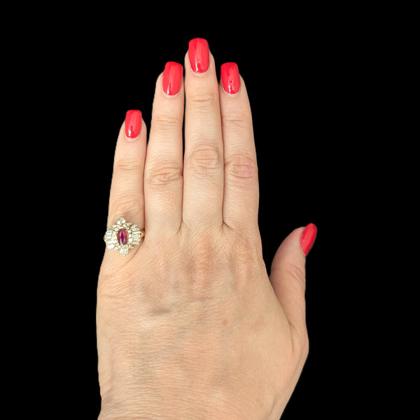 Vintage Marquise Cut Ruby Diamonds 14k Yellow Gold Ring Baguette Round Estate