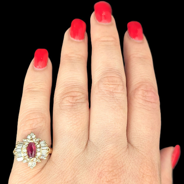 Vintage Marquise Cut Ruby Diamonds 14k Yellow Gold Ring Baguette Round Estate
