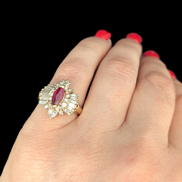 Vintage Marquise Cut Ruby Diamonds 14k Yellow Gold Ring Baguette Round Estate