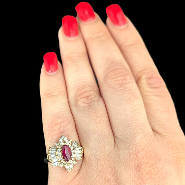 Vintage Marquise Cut Ruby Diamonds 14k Yellow Gold Ring Baguette Round Estate