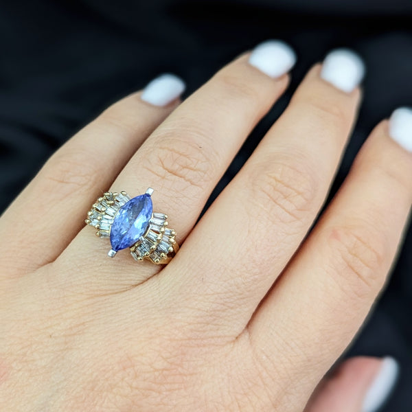 Vintage Marquise Cut Tanzanite Diamonds 14k Yellow Gold Cocktail Ring BaguetteVintage Marquise Cut Tanzanite Diamonds 14k Yellow Gold Cocktail Ring Baguette