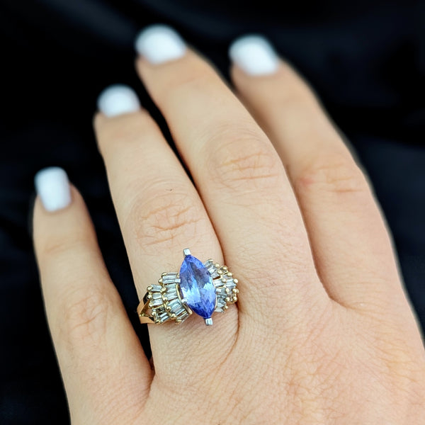 Vintage Marquise Cut Tanzanite Diamonds 14k Yellow Gold Cocktail Ring Baguette