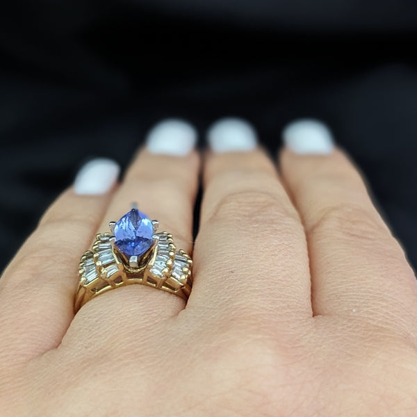 Vintage Marquise Cut Tanzanite Diamonds 14k Yellow Gold Cocktail Ring Baguette