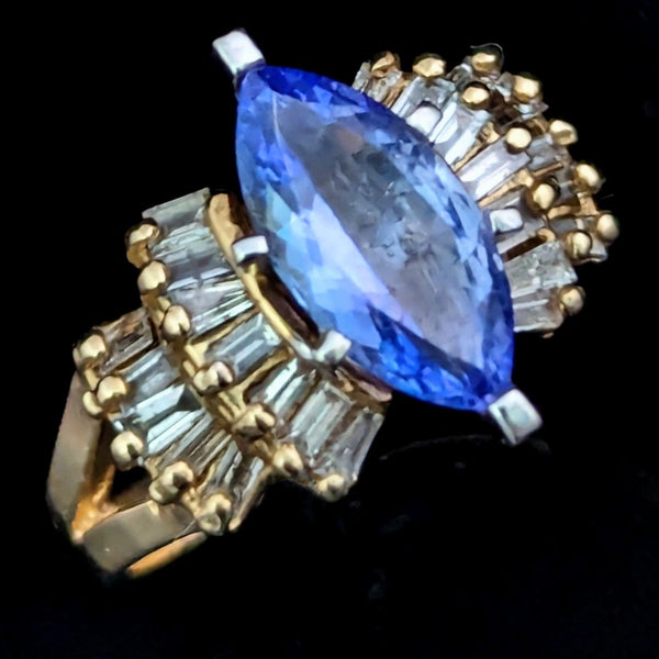 Vintage Marquise Cut Tanzanite Diamonds 14k Yellow Gold Cocktail Ring Baguette