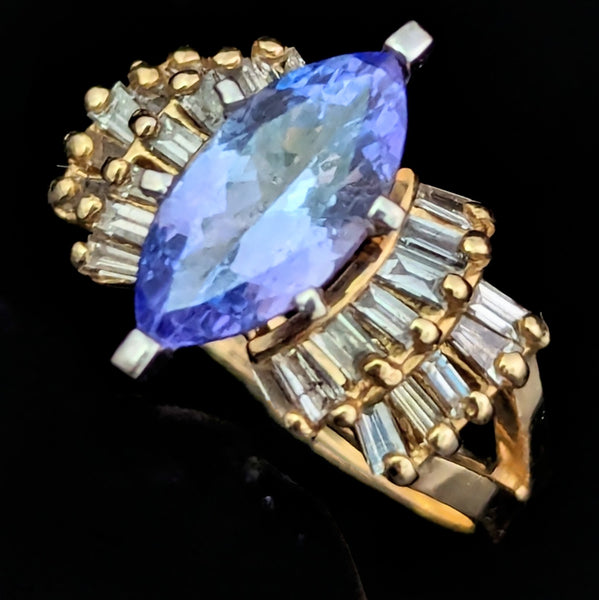 Vintage Marquise Cut Tanzanite Diamonds 14k Yellow Gold Cocktail Ring Baguette