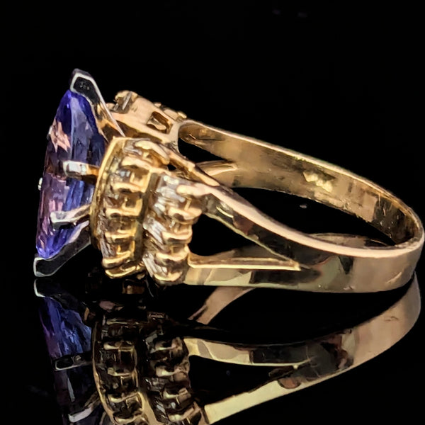 Vintage Marquise Cut Tanzanite Diamonds 14k Yellow Gold Cocktail Ring Baguette