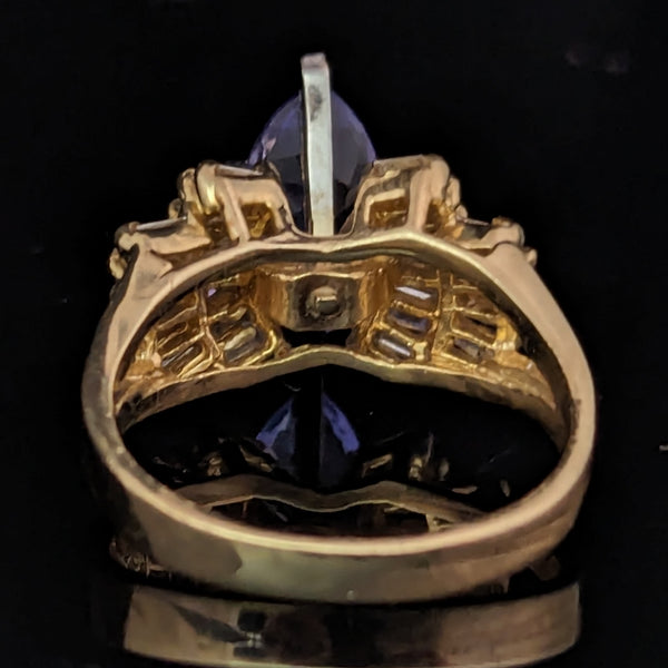 Vintage Marquise Cut Tanzanite Diamonds 14k Yellow Gold Cocktail Ring Baguette