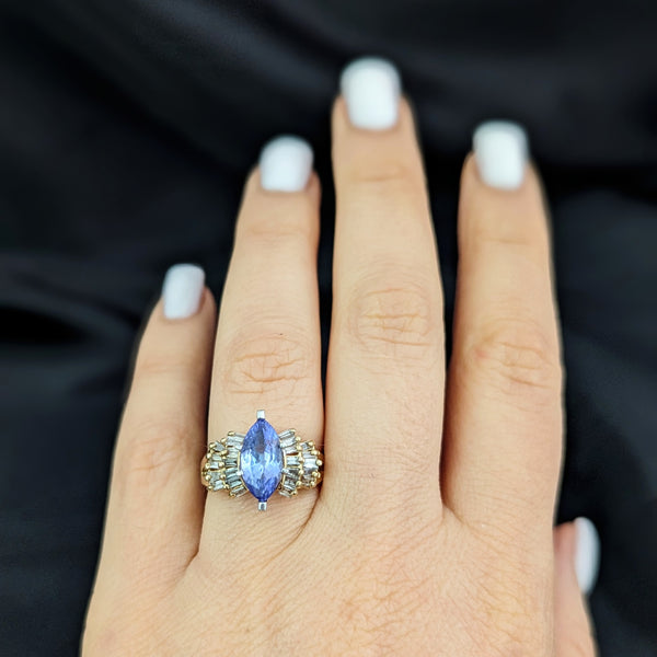 Vintage Marquise Cut Tanzanite Diamonds 14k Yellow Gold Cocktail Ring Baguette