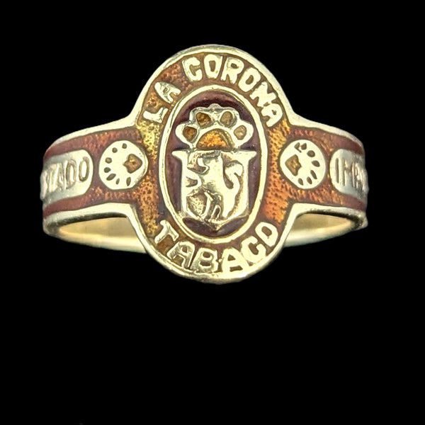 Vintage Men's " La Corona Tabaco " Cigar Band Ring 10k Yellow Gold Enamel Estate 