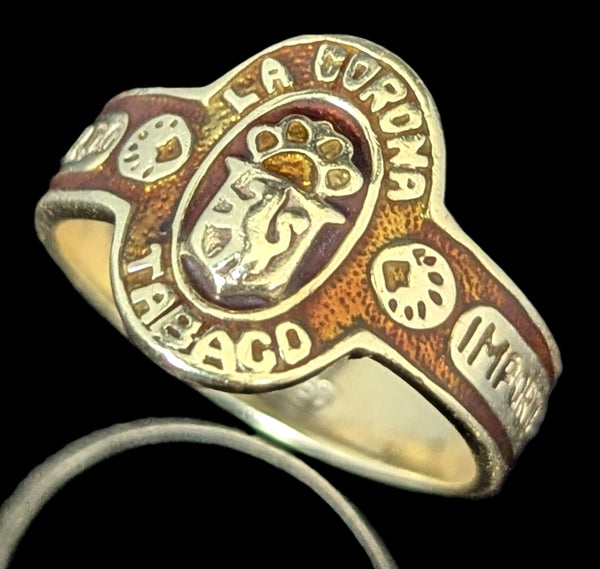 Vintage Men's " La Corona Tabaco " Cigar Band Ring 10k Yellow Gold Enamel Estate 