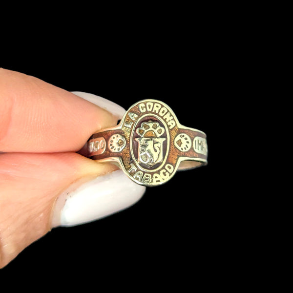 Vintage Men's " La Corona Tabaco " Cigar Band Ring 10k Yellow Gold Enamel Estate 