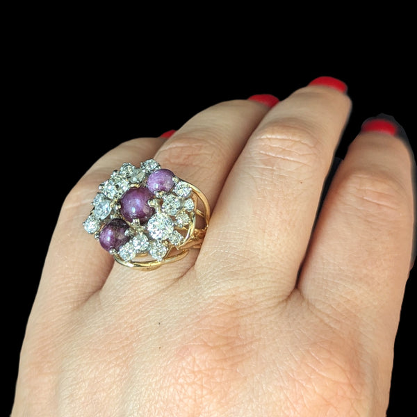 Vintage Old Cut Diamonds Star Rubies 14k Yellow Gold Cocktail Ring Cluster 13.8g