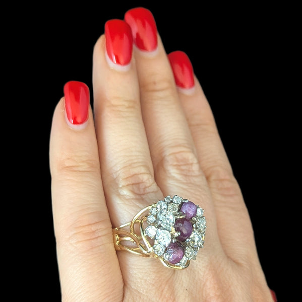 Vintage Old Cut Diamonds Star Rubies 14k Yellow Gold Cocktail Ring Cluster 13.8g