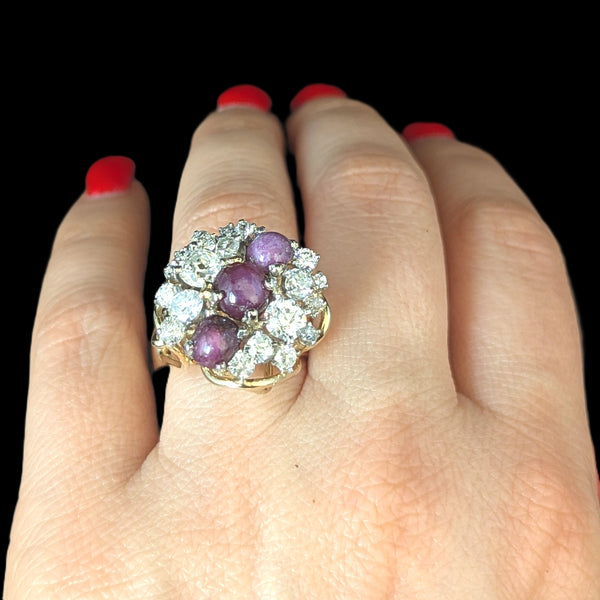 Vintage Old Cut Diamonds Star Rubies 14k Yellow Gold Cocktail Ring Cluster 13.8g
