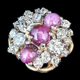 Vintage Old Cut Diamonds Star Rubies 14k Yellow Gold Cocktail Ring Cluster 13.8g
