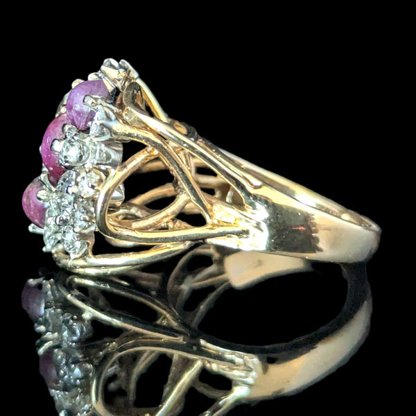 Vintage Old Cut Diamonds Star Rubies 14k Yellow Gold Cocktail Ring Cluster 13.8g