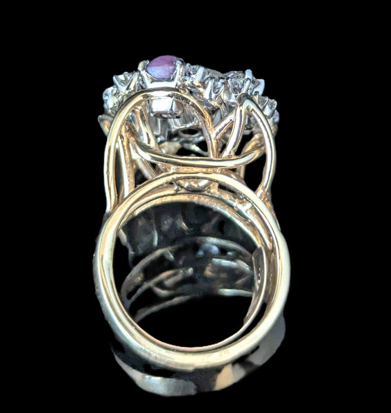 Vintage Old Cut Diamonds Star Rubies 14k Yellow Gold Cocktail Ring Cluster 13.8g